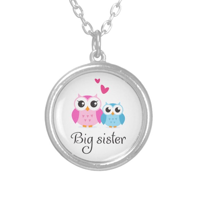 Cute owls big sister little brother cartoon silver plated necklace (Front)