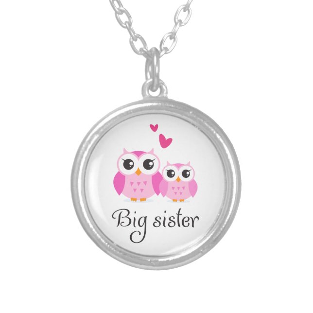 Cute owls big sister little sister cartoon silver plated necklace (Front)