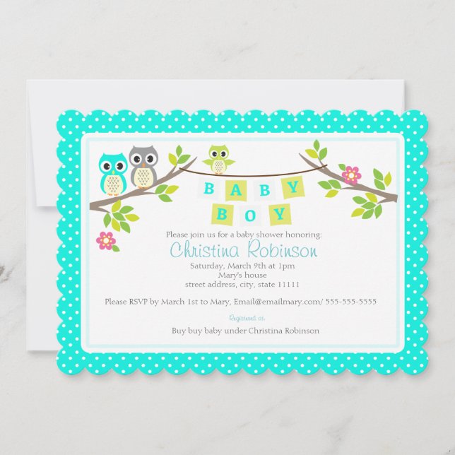 cute owls boy baby shower invitation (Front)