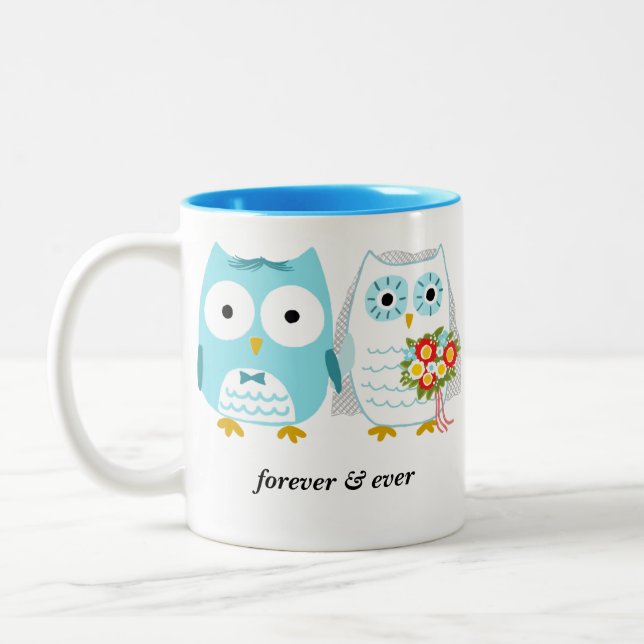 Cute Owls Bride and Groom Newlywed Mr. and Mrs. Two-Tone Coffee Mug (Left)