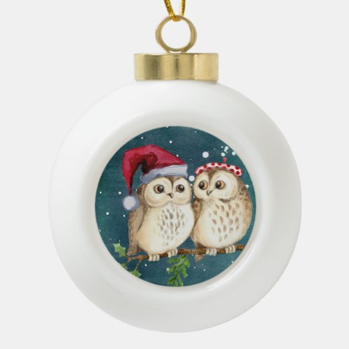 Cute Owls Ceramic Ball Christmas Ornament