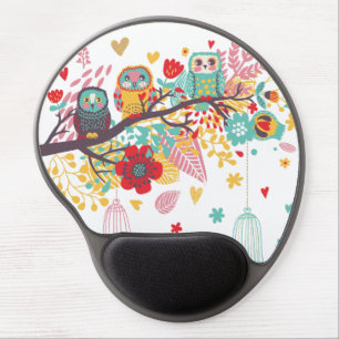 Cute Owls colourful floral hearts background Gel Mouse Pad