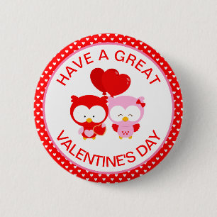 Cute Owls Couple and Hearts Valentine's Day Button