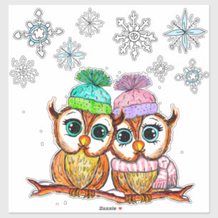 Cute Owls Couple and Snowflakes Sticker
