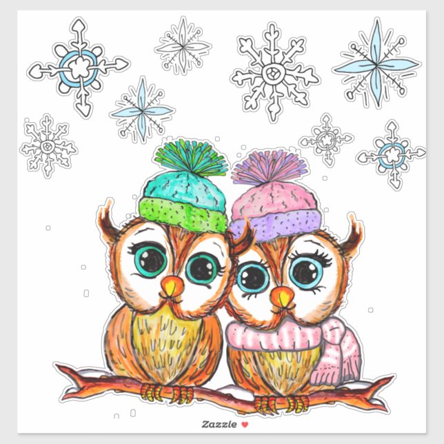 Cute  Owls Couple and Snowflakes Sticker (Sheet)