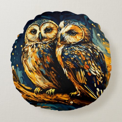Cute Owls Cuddle under a Starry Night Sky _ Round Pillow