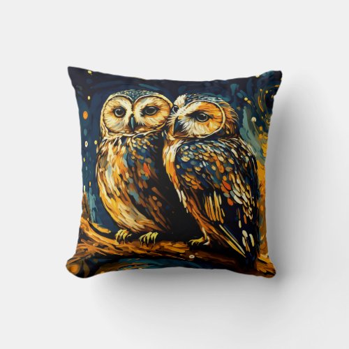 Cute Owls Cuddle under a Starry Night Sky _ Throw Pillow
