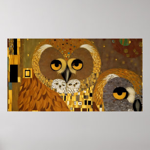 Cute Owls: Digital Art Gustav Klimt Style Poster