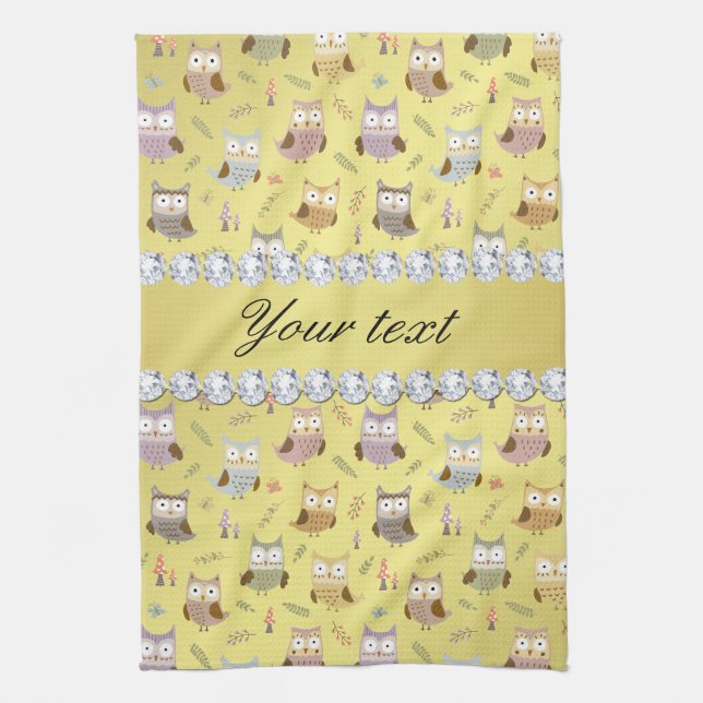 Cute Owls Faux Gold Foil Bling Diamonds Kitchen Towel (Vertical)