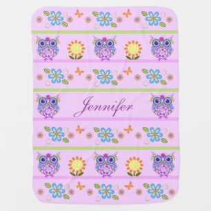 Cute owls, flowers and custom name stroller blanket