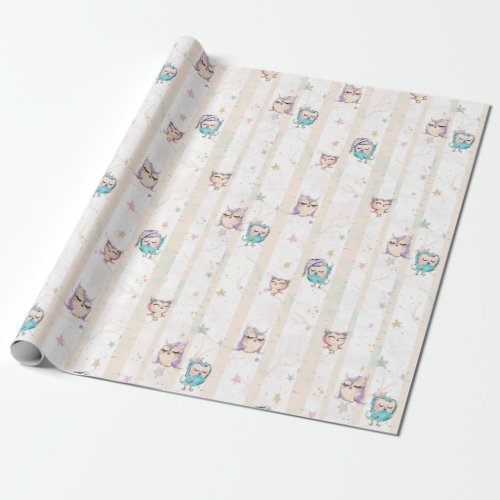Cute Owls Forest Wood Pink Purple Blue Glitter Wrapping Paper