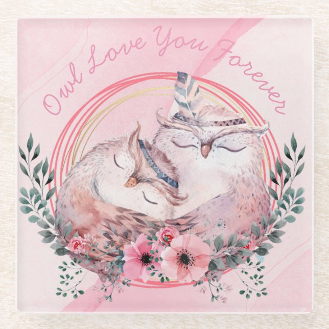 Cute Owls Glass Coaster (Front)