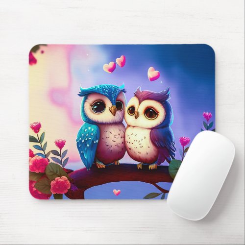 Cute Owls Hearts Valentine Inspired Artwork  Mouse Pad