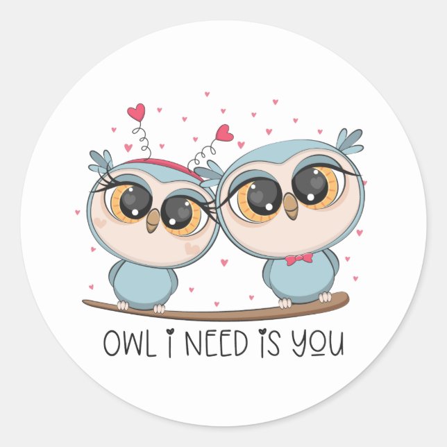 Cute Owls in Love Classic Round Sticker (Front)