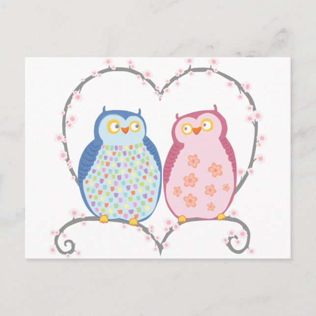 Cute Owls in Love Heart Pink Blue Clipart Postcard (Front)