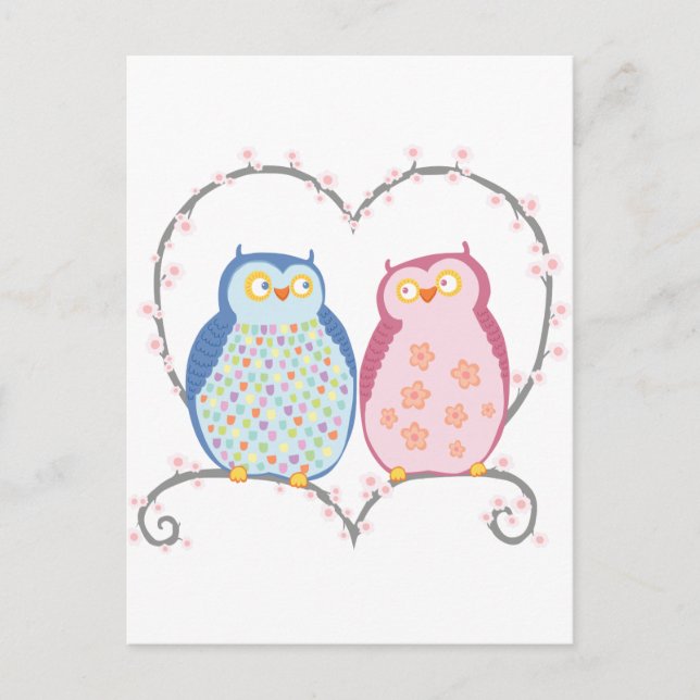 Cute Owls in Love Heart Pink Blue Clipart Postcard (Front)
