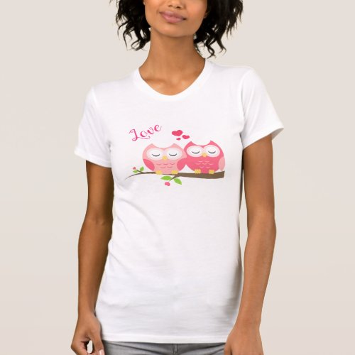 Cute Owls in Love on Branch with Hearts T_Shirt
