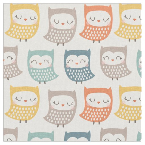 Cute Owls in muted fall colors on cream Fabric