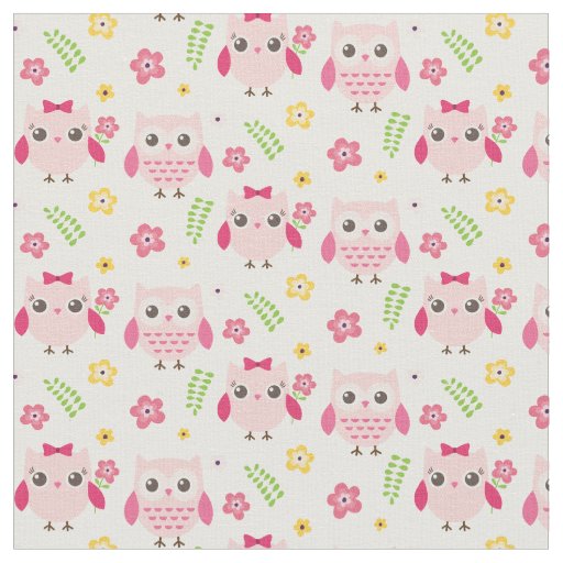 Cute Owls in pink with flowers and branches Fabric