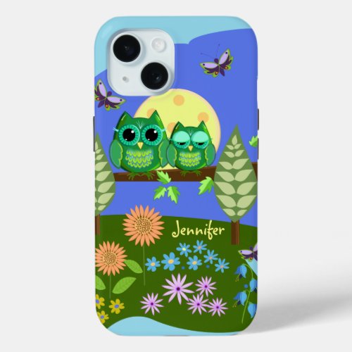 Cute Owls in Summer land  custom Name iPhone 15 Case