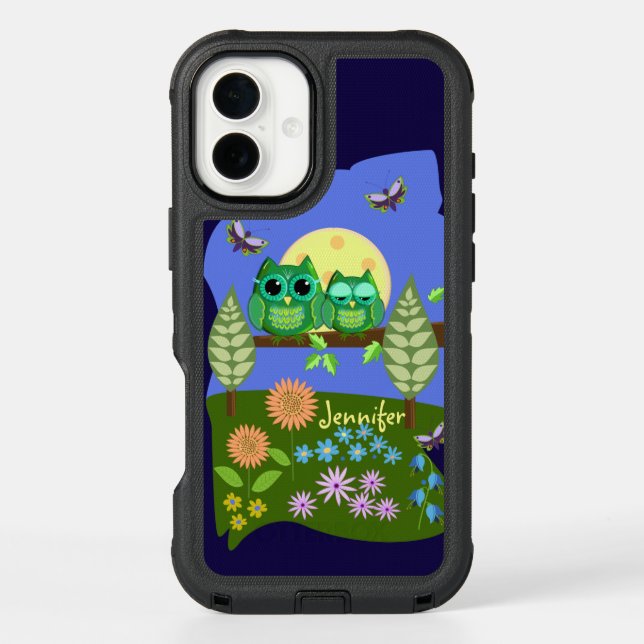 Cute Owls in Summer land & custom Name Otterbox iPhone Case (Back)