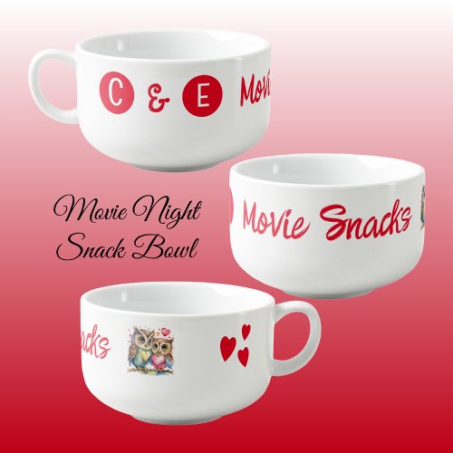 Cute owls initials movie night snack bowl red