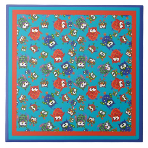 Cute Owls Large Ceramic Tile Turquoise Blue Ceramic Tile