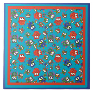 Cute Owls Large Ceramic Tile, Turquoise Blue Tile