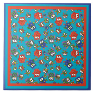 Cute Owls Large Ceramic Tile, Turquoise Blue Tile