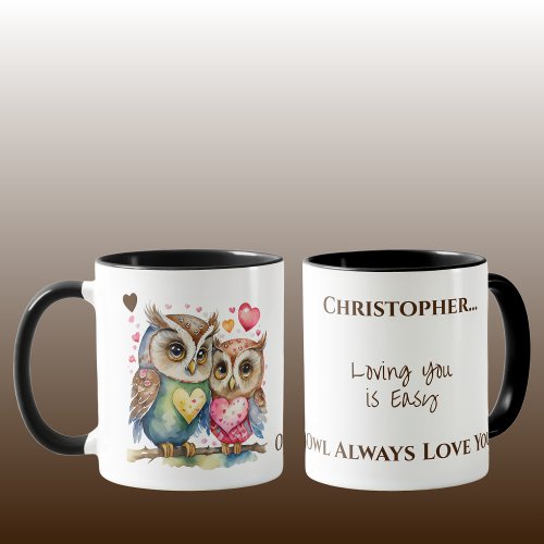 Cute owls loving you personalized name brown mug