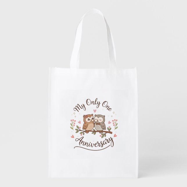 Cute Owls “My Only One” Anniversary Pink T-Shirt  Grocery Bag (Front)