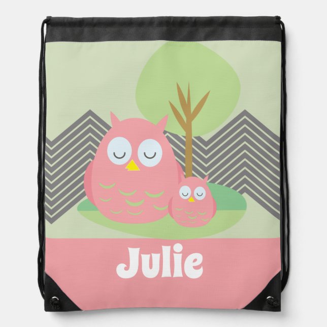 Cute Owls Name Kids Drawstring Bag (Front)