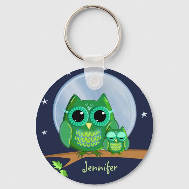Cute owls on a branch & custom Name keychain (Front)