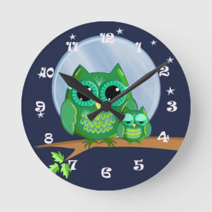 Cute owls on a branch & custom Name Round Clock