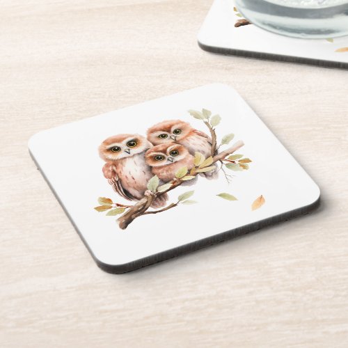 Cute Owls on a Tree Branch Beverage Coaster