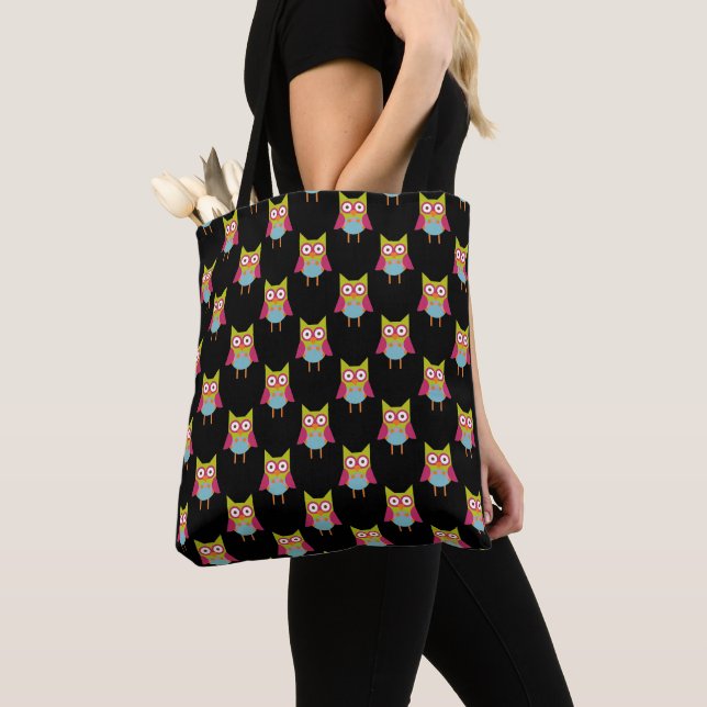 Cute Owls on Black Pattern Tote Bag (Close Up)