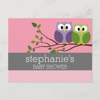 Cute Owls On Branch Baby Girl Shower Pink Invitation Postcard by MarshBaby at Zazzle