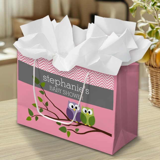 Cute Owls on Branch Baby Girl Shower Pink Large Gift Bag (Custom Gift Bag)