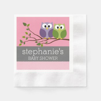 Cute Owls On Branch Baby Girl Shower Pink Paper Napkins by MarshBaby at Zazzle