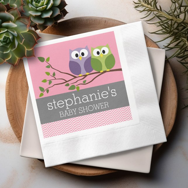 Cute Owls on Branch Baby Girl Shower Pink Paper Napkins (Custom Party Napkins)