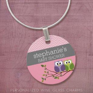 Cute Owls on Branch Baby Girl Shower Pink Wine Glass Charm