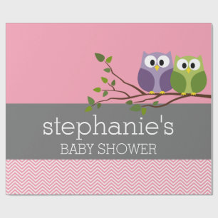Cute Owls on Branch Baby Girl Shower Pink Wrapping Paper