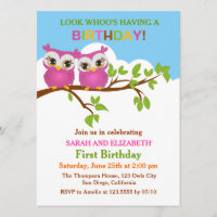 Cute Owls on Branch Twins Birthday Party Invite