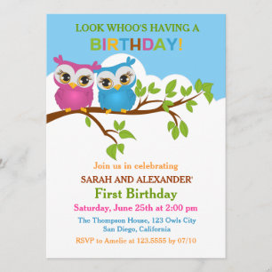 Cute Owls on Branch Twins Birthday Party Invite