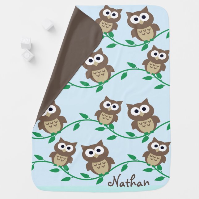 Cute Owls on Branches Personalised Baby Blanket (In Situ)