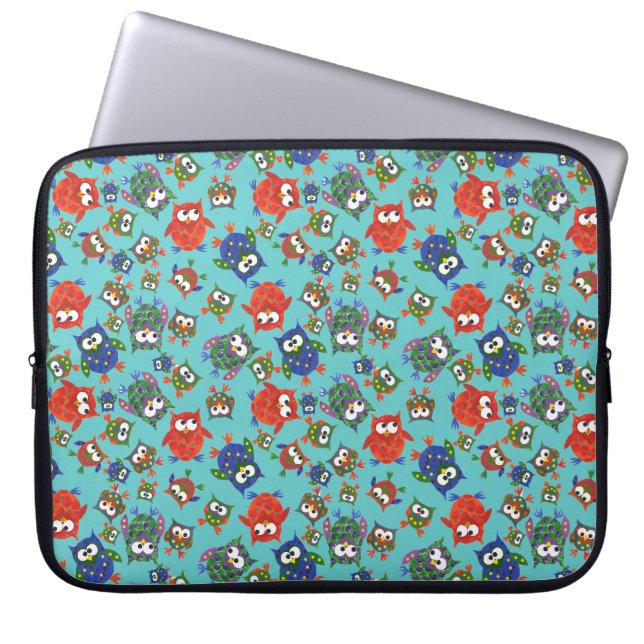 Cute Owls on Bright Turquoise Background Laptop Sleeve (Front)