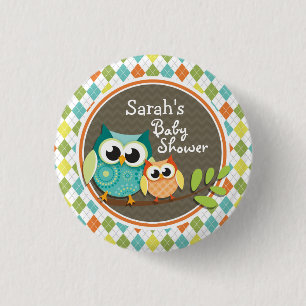 Cute Owls on Colorful Argyle; Baby Shower Button
