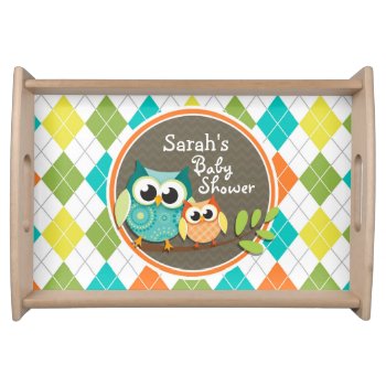 Cute Owls On Colorful Argyle; Baby Shower Serving Tray by Favors_and_Decor at Zazzle
