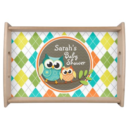 Cute Owls On Colorful Argyle; Baby Shower Serving Tray