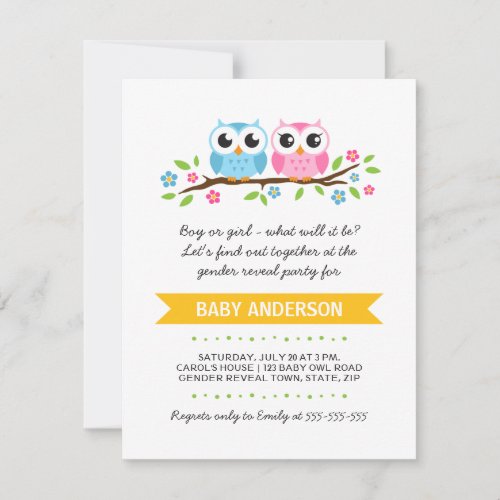 Cute owls on floral branch baby reveal party custom invite